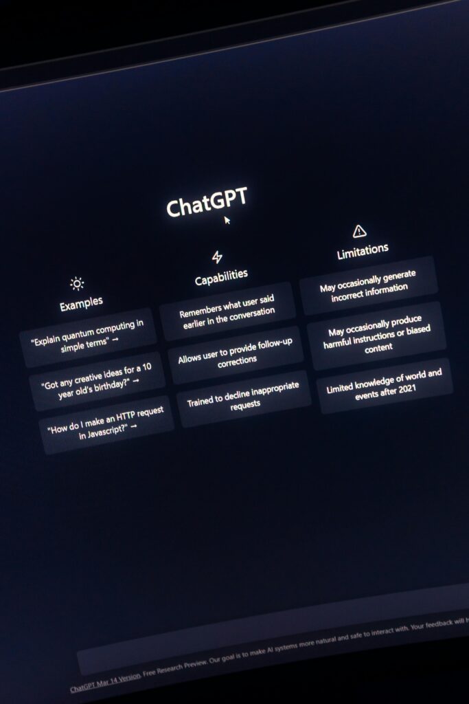 ChatGPT interface displaying examples, capabilities, and limitations.